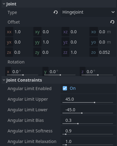 Adjusting joints in the inspector after selecting a PhysicalBone3D node
