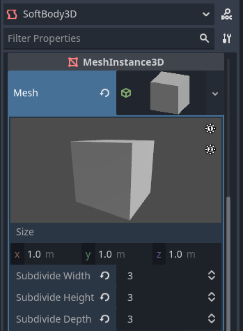 Adjusting BoxMesh properties in the inspector