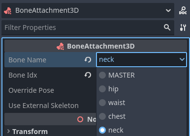 Configuring the BoneAttachment3D node in the inspector