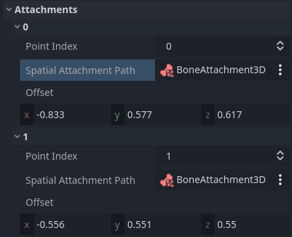 Configuring pinned points to be attached to the BoneAttachment3D node in the SoftBody3D inspector